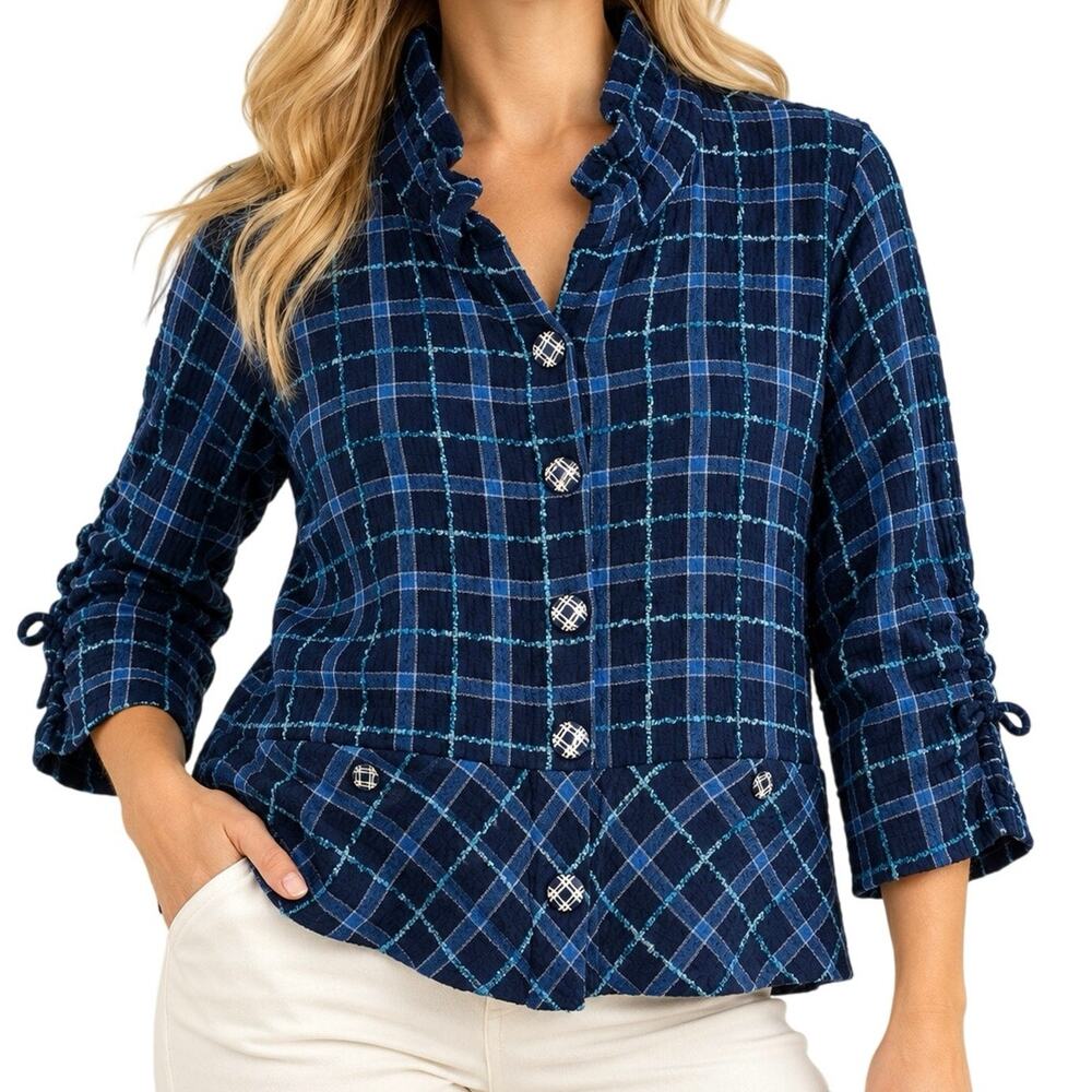 Habitat Sz XS Blue Plaid Gauze Wearable Art Blouse Shirt Top Christmas Winter